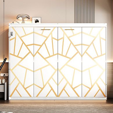 Loheer Queen Size Modern Side Folding Murphy Bed with Printed Pattern LED Lights and USB Port