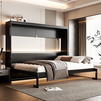 Loheer Queen Size Modern Side Folding Murphy Bed with Printed Pattern LED Lights and USB Port