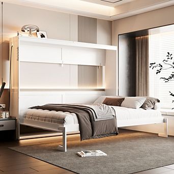 Loheer Queen Size Modern Side Folding Murphy Bed with Printed Pattern LED Lights and USB Port