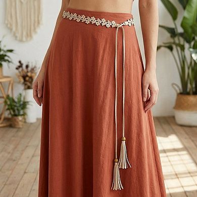 Women's Floral Cutout Waist Belt Tie Closure Adjustable Faux Leather Hip Belt Boho Style Accessory
