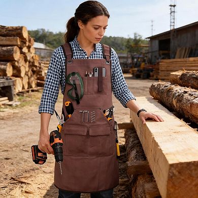 Full Coverage Work Apron with Multi Pocket Storage Canvas Utility Apron for Workshop Gardening