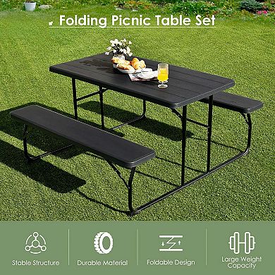 Indoor and Outdoor Folding Picnic Table Bench Set with Wood-like Texture