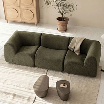 110" Curved 3-Seat Sectional Sofa, Modern Deep Seat Sherpa Boucle Couch for Living Room, No Assembly