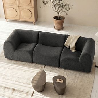 110" Curved 3-Seat Sectional Sofa, Modern Deep Seat Sherpa Boucle Couch for Living Room, No Assembly