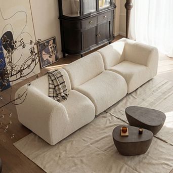 110" Curved 3-Seat Sectional Sofa, Modern Deep Seat Sherpa Boucle Couch for Living Room, No Assembly
