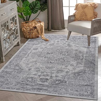 Aurora Ascent LOOM&LUXE 5×7 Silver Oriental Stain Resistant Area Rug