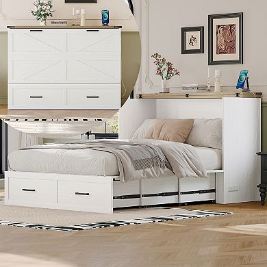 Pnronnc Murphy Cabinet Bed w/Charging Station Storage Drawer Foldable Wall Bed Farmhouse Style