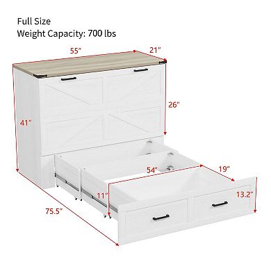Pnronnc Murphy Cabinet Bed w/Charging Station Storage Drawer Foldable Wall Bed Farmhouse Style