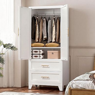 70-inch wardrobe, with 1 drawer and hanging rods, 2-door wardrobe with shelves