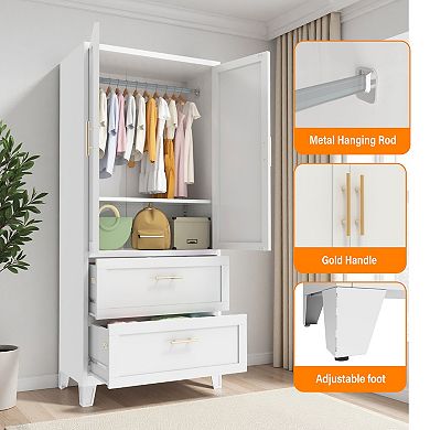 70-inch wardrobe, with 1 drawer and hanging rods, 2-door wardrobe with shelves