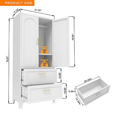 70-inch wardrobe, with 1 drawer and hanging rods, 2-door wardrobe with shelves