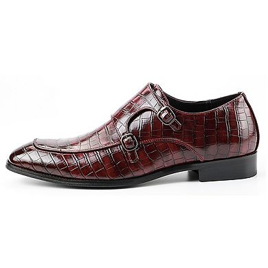 Men's Crocodile Embossed Double Monk Strap Dress Shoes Formal Leather Loafers