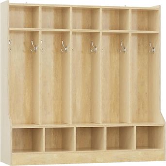 Kids Coat Locker with Bench 10 Cubbies, Daycare Cubby with 4 Casters & 10 Hooks, Cubby Storage Organ