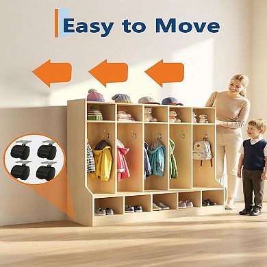 Kids Coat Locker with Bench 10 Cubbies, Daycare Cubby with 4 Casters & 10 Hooks, Cubby Storage Organ