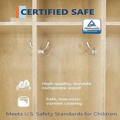 Kids Coat Locker with Bench 10 Cubbies, Daycare Cubby with 4 Casters & 10 Hooks, Cubby Storage Organ