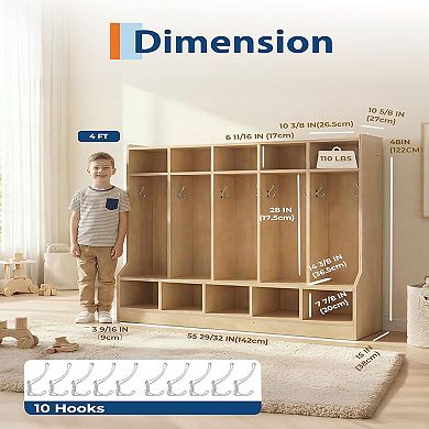 Kids Coat Locker with Bench 10 Cubbies, Daycare Cubby with 4 Casters & 10 Hooks, Cubby Storage Organ