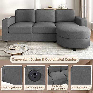 Pnronnc L Shaped Sectional Sofa with Curved Chaise Lounge, USB Ports and Storage Pockets