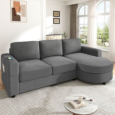 Pnronnc L Shaped Sectional Sofa with Curved Chaise Lounge, USB Ports and Storage Pockets