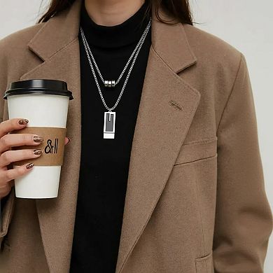 Women's Layered Geometric Pendant Necklace with Rectangular and Cylinder Charms