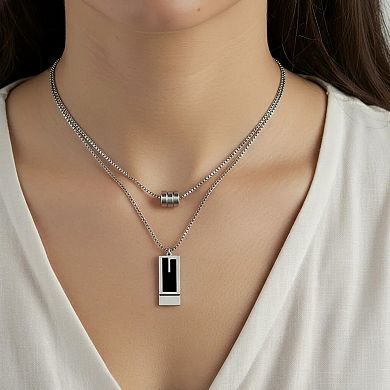 Women's Layered Geometric Pendant Necklace with Rectangular and Cylinder Charms