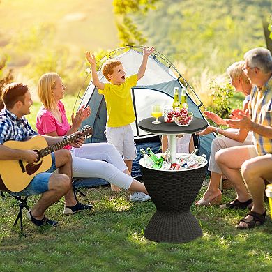3 in 1 8 Gallon Patio Rattan Cooler Bar Table with Adjust Ice Bucket-Black