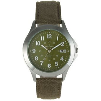 Peugeot Men 40mm Green Military Dial Calendar Canvas Strap Watch