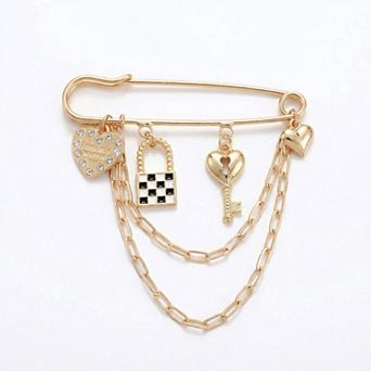 Women's Safety Pin Brooch Heart Charm Key Pendant Lock Detail Chain Accent Design