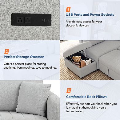Pnronnc L Shaped Sectional Sofa Bed Sleeper Couch with Storage Ottoman USB Ports and Power Sockets