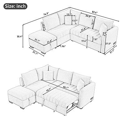 Pnronnc L Shaped Sectional Sofa Bed Sleeper Couch with Storage Ottoman USB Ports and Power Sockets