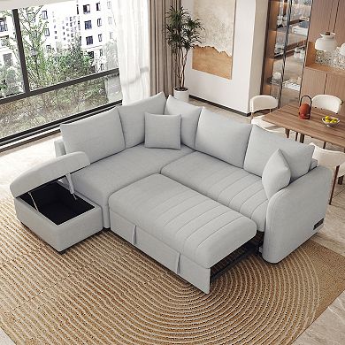 Pnronnc L Shaped Sectional Sofa Bed Sleeper Couch with Storage Ottoman USB Ports and Power Sockets