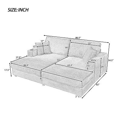 Pnronnc Loveseat Sofa, Corduroy Sectional Sleeper Sofa Bed with USB Ports, Cup Holders & Pillows