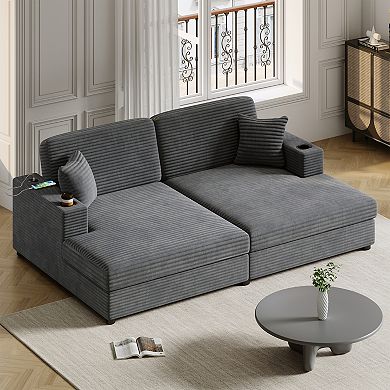 Pnronnc Loveseat Sofa, Corduroy Sectional Sleeper Sofa Bed with USB Ports, Cup Holders & Pillows