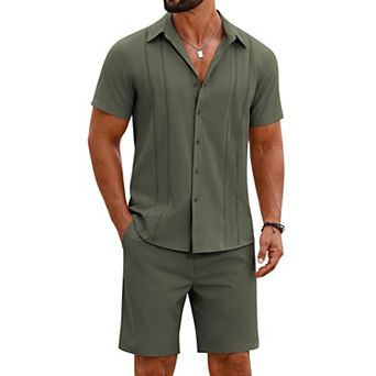 COOFANDY Men' 2 pc Outfits Cuban Guayabera Short Sleeve Shirts and Shorts Summer Beach Vacation