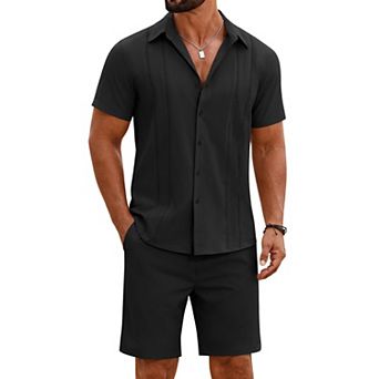 COOFANDY Men' 2 pc Outfits Cuban Guayabera Short Sleeve Shirts and Shorts Summer Beach Vacation