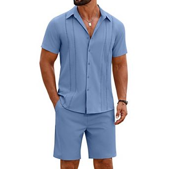 COOFANDY Men' 2 pc Outfits Cuban Guayabera Short Sleeve Shirts and Shorts Summer Beach Vacation