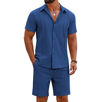 COOFANDY Men' 2 pc Outfits Cuban Guayabera Short Sleeve Shirts and Shorts Summer Beach Vacation