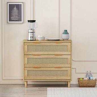 Loheer 31.5 Inch Rattan 3-Drawer Dresser Oak Woven Cabinet Bedroom Living Room Hallway