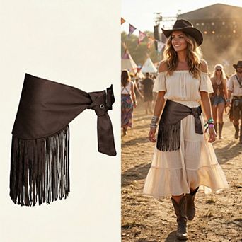 Women's Fringe Waist Belt Wrap Tie Adjustable Faux Suede Western Style Hip Scarf Accessory