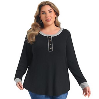 Women's Plus Size Tops Ribbed Knit Contrast Color Front Button Crew Neck Long Sleeve Blouses Top