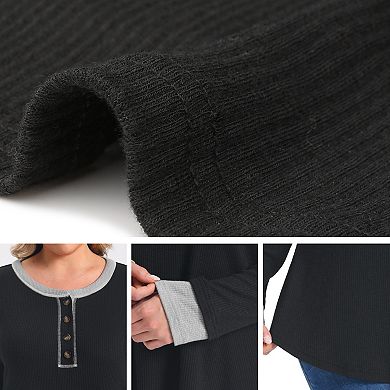Women's Plus Size Tops Ribbed Knit Contrast Color Front Button Crew Neck Long Sleeve Blouses Top