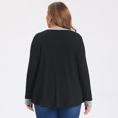 Women's Plus Size Tops Ribbed Knit Contrast Color Front Button Crew Neck Long Sleeve Blouses Top