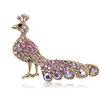 Silver Tone Clear Crystal Rhinestone Peacock Bird Iridescent Tail Feather Fashion Brooch Pin