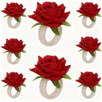 Napkin Ring Set of 8 with Artificial Flowers, Jute Rope, Wedding, Party, Christmas Table Decorations