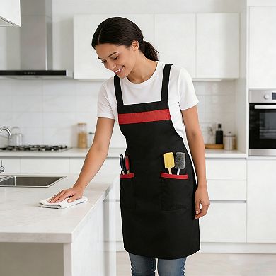 Kitchen Apron Adjustable Strap Apron with Contrast Trim and Dual Pockets for Cooking Work