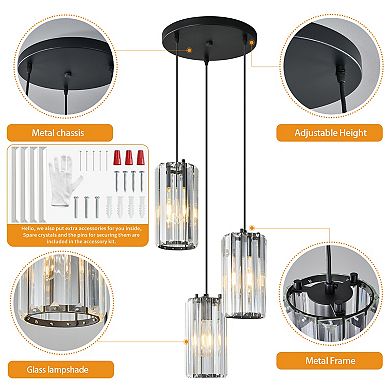 ZLAIQB 3-Light Black Finish Modern Crystal Pendant 5.11in Ceiling Light