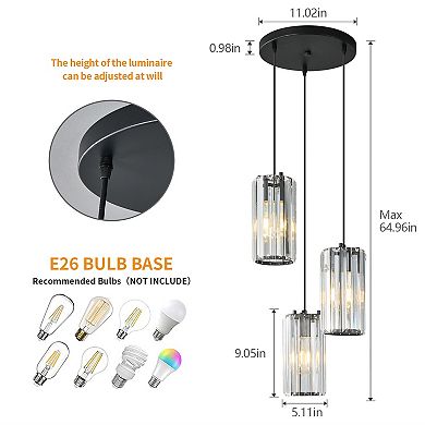 ZLAIQB 3-Light Black Finish Modern Crystal Pendant 5.11in Ceiling Light