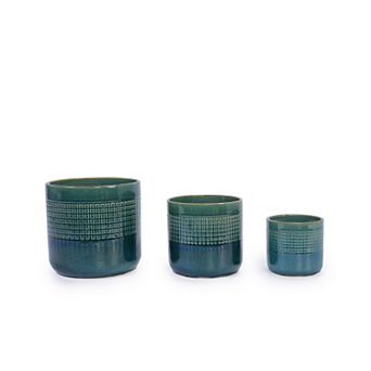 KWPZQEB Handmade Glazed Ceramic Planter Set of 3, Grid Pattern Planter with Drainage Holes