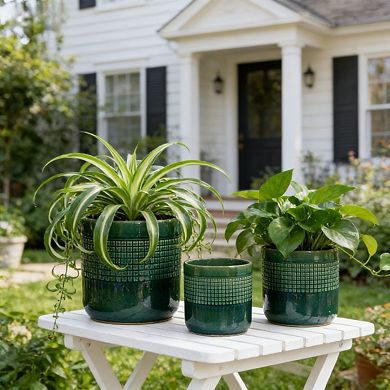 KWPZQEB Handmade Glazed Ceramic Planter Set of 3, Grid Pattern Planter with Drainage Holes