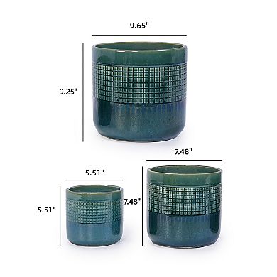 KWPZQEB Handmade Glazed Ceramic Planter Set of 3, Grid Pattern Planter with Drainage Holes