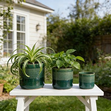 KWPZQEB Handmade Glazed Ceramic Planter Set of 3, Grid Pattern Planter with Drainage Holes